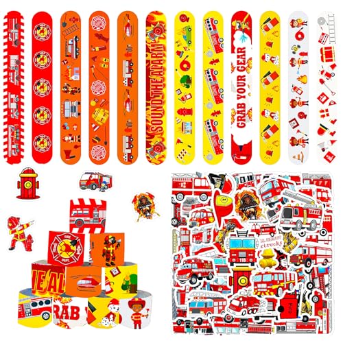MORAINJAY 36 Pz Braccialetti Slap Vigile del Fuoco e 50 Pz Adesivi Riempitivi Sacchetti Festa Auto dei Pompieri Regali Compleanno per Bambini Forniture per Festa Tema Vigile del Fuoco