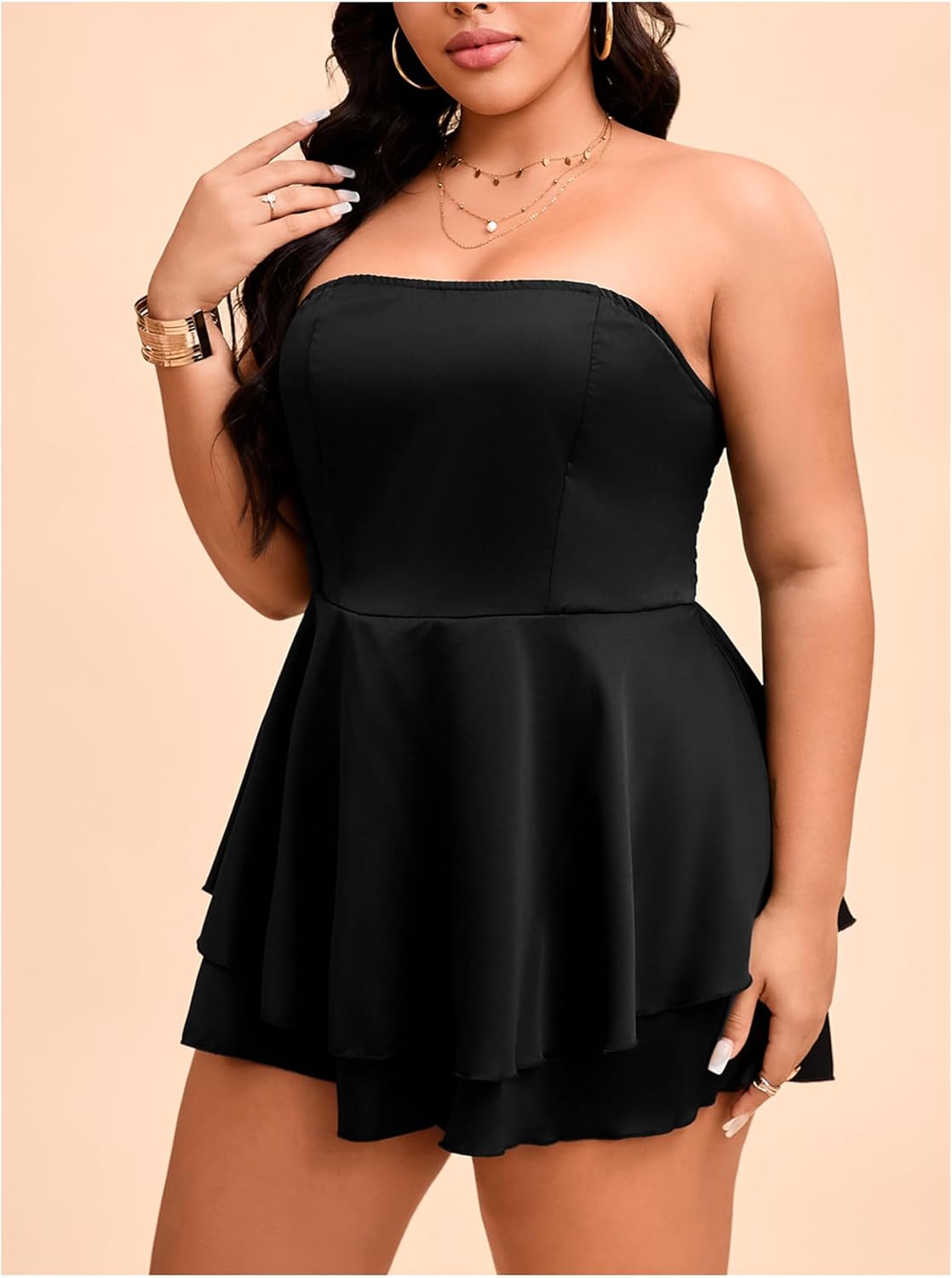 MakeMeChic Women's Plus Size Floral Layered Rompers Jumpsuits Strapless Tube Top - Image 2