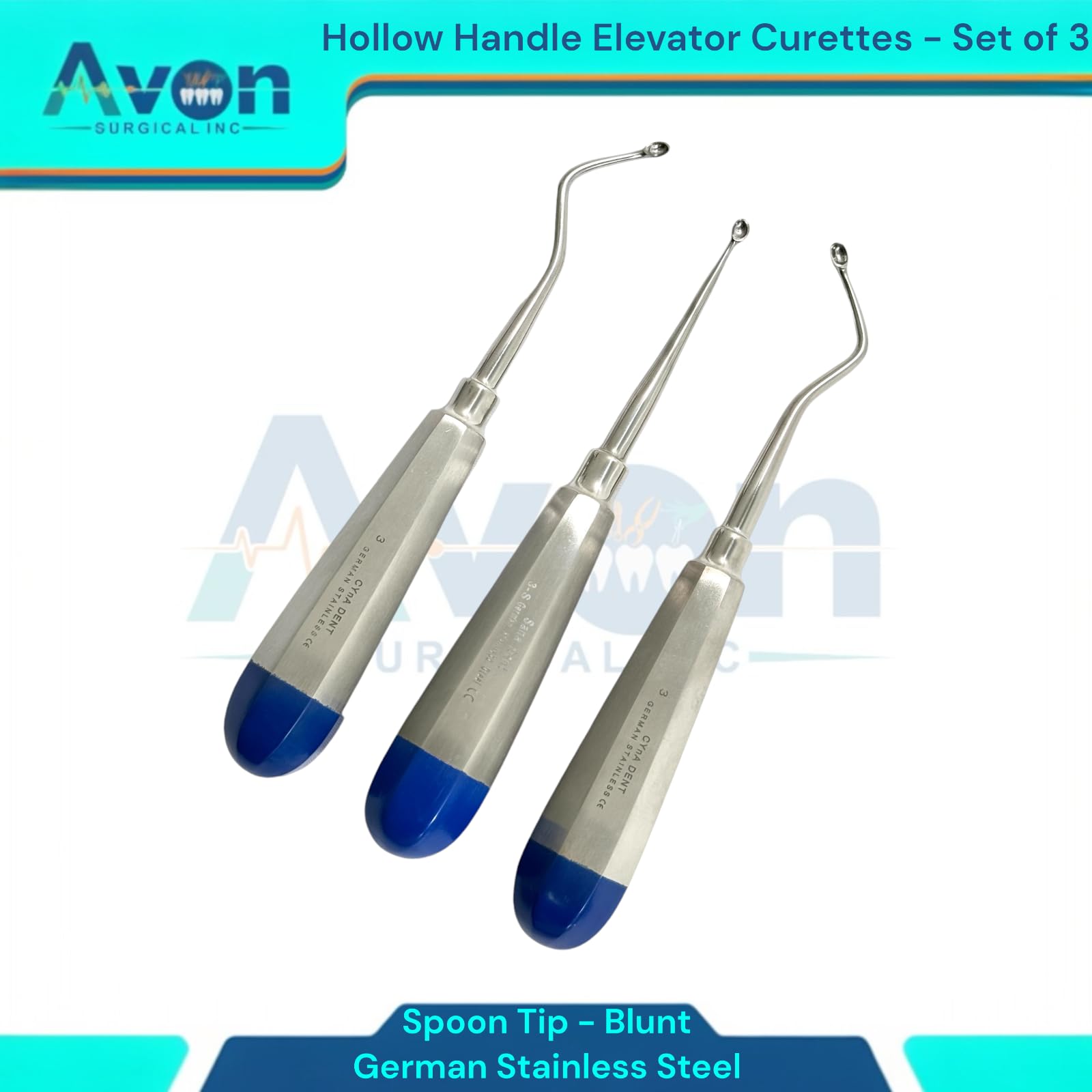 Set of 3PCS Dental Elevator Curettes with Spoon Tips, Blunt, Curved Left, Curved Right, Straight, Hollow Handle - German Stainless Steel