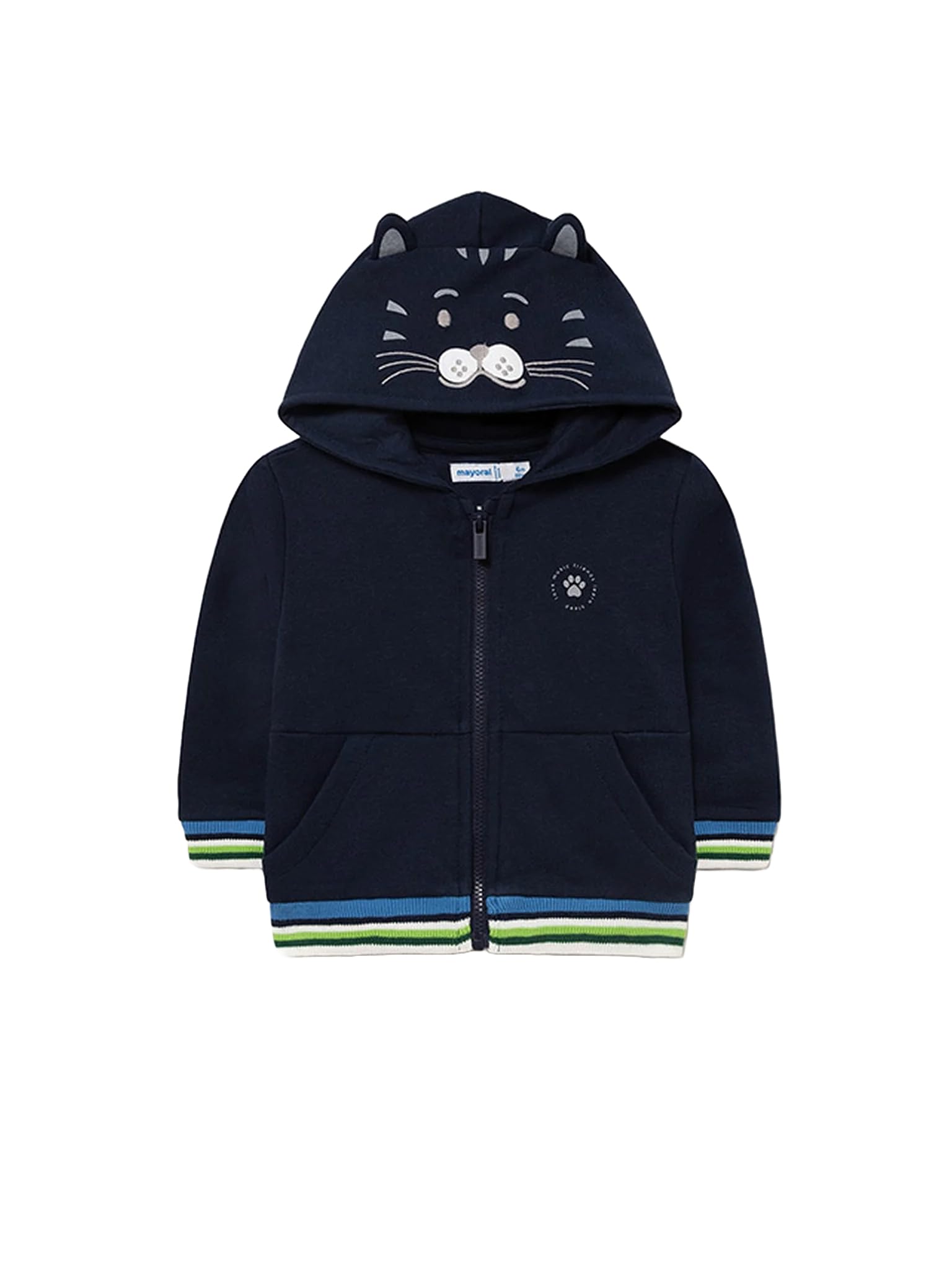 Generico Felpa con Cappuccio per Bambino Mayoral 2425, Colore Blu Scuro, con Design a Gatto sul Cappuccio, Dettagli Colorati a Righe, Felpa con Cappuccio Neonato