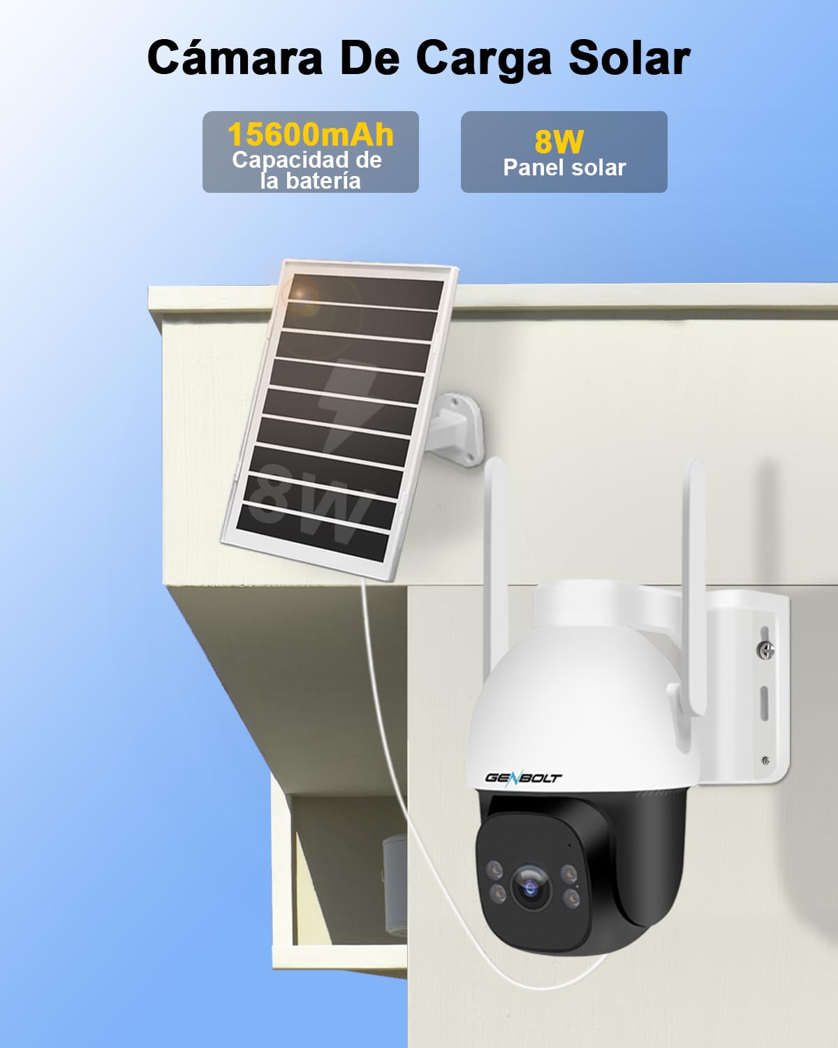 GENBOLT 2K inalámbrico Cámara Vigilancia Exterior Solar 4G LTE with SIM | Grabación 24/7 AOV, Batería 15600mAh con Panel Solar 8W, Apertura F1.0, Visión Nocturna Color, Detección IA 25M