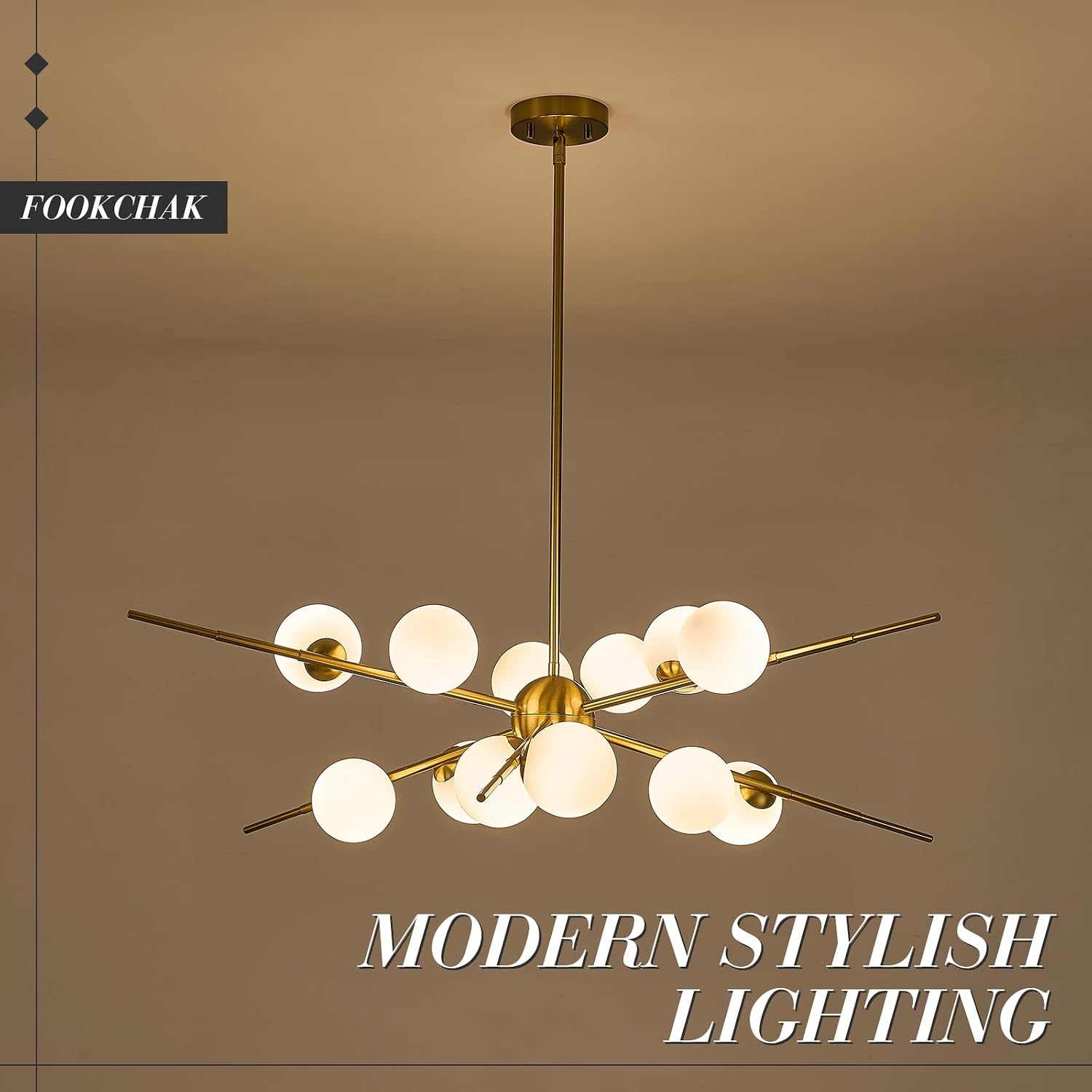 Large Gold Sputnik Chandelier 39in 12-Light Frosted Glass Chandelier Light Fixture Mid-Century Modern Molecular Chandeliers for Living Room Dining Room Foyer Kitchen Bedroom