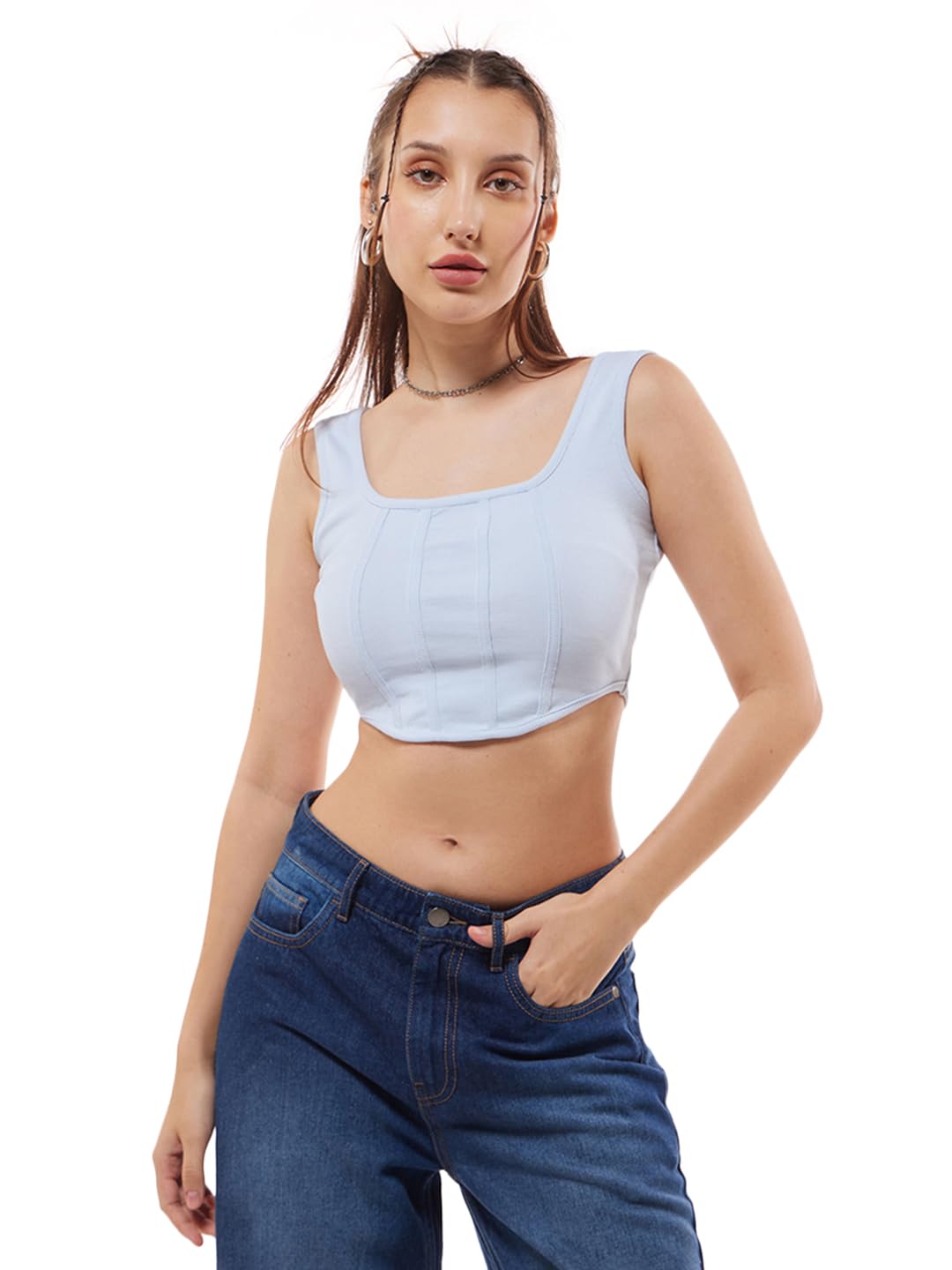 Women's Cotton Solid Slim Fit Sleeveless Square Neck Rib Corset Top