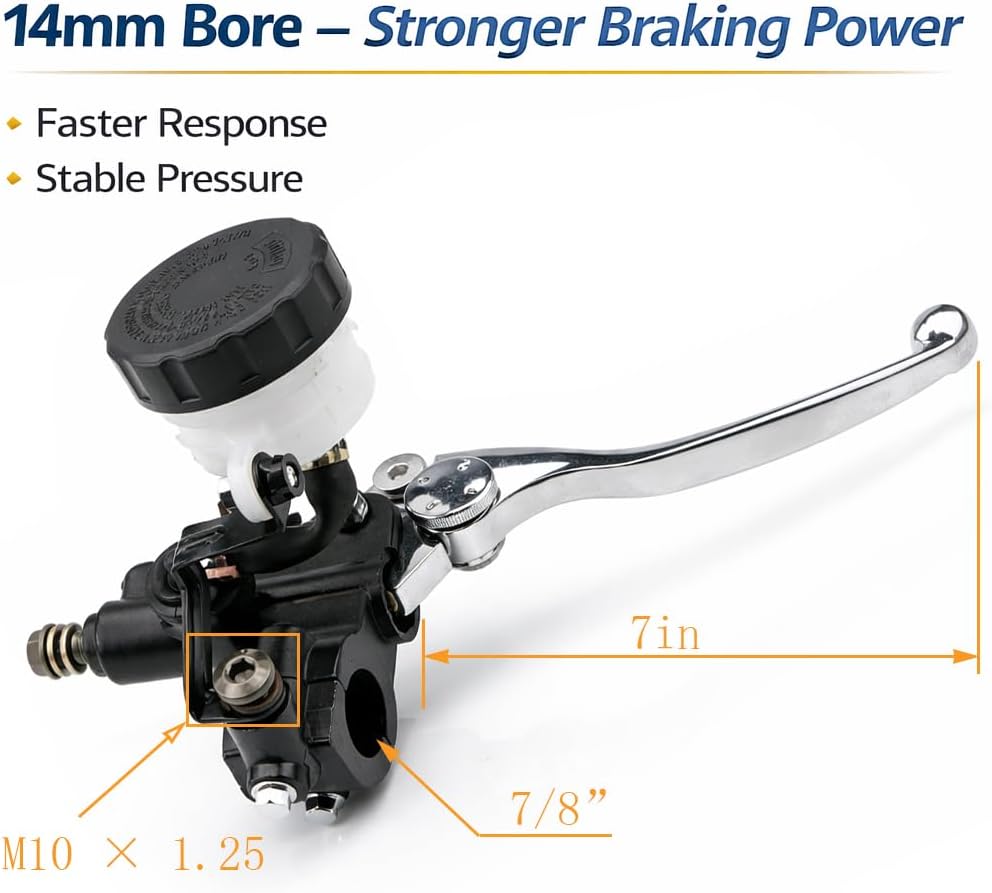 Front Brake Master Cylinder 14mm Bore for Suzuki GSX-R600 GSX-R750 SV650, Aluminum Brake Pump with Adjustable Lever, M10×1.25 Mirror Mount, DOT4 Compatible