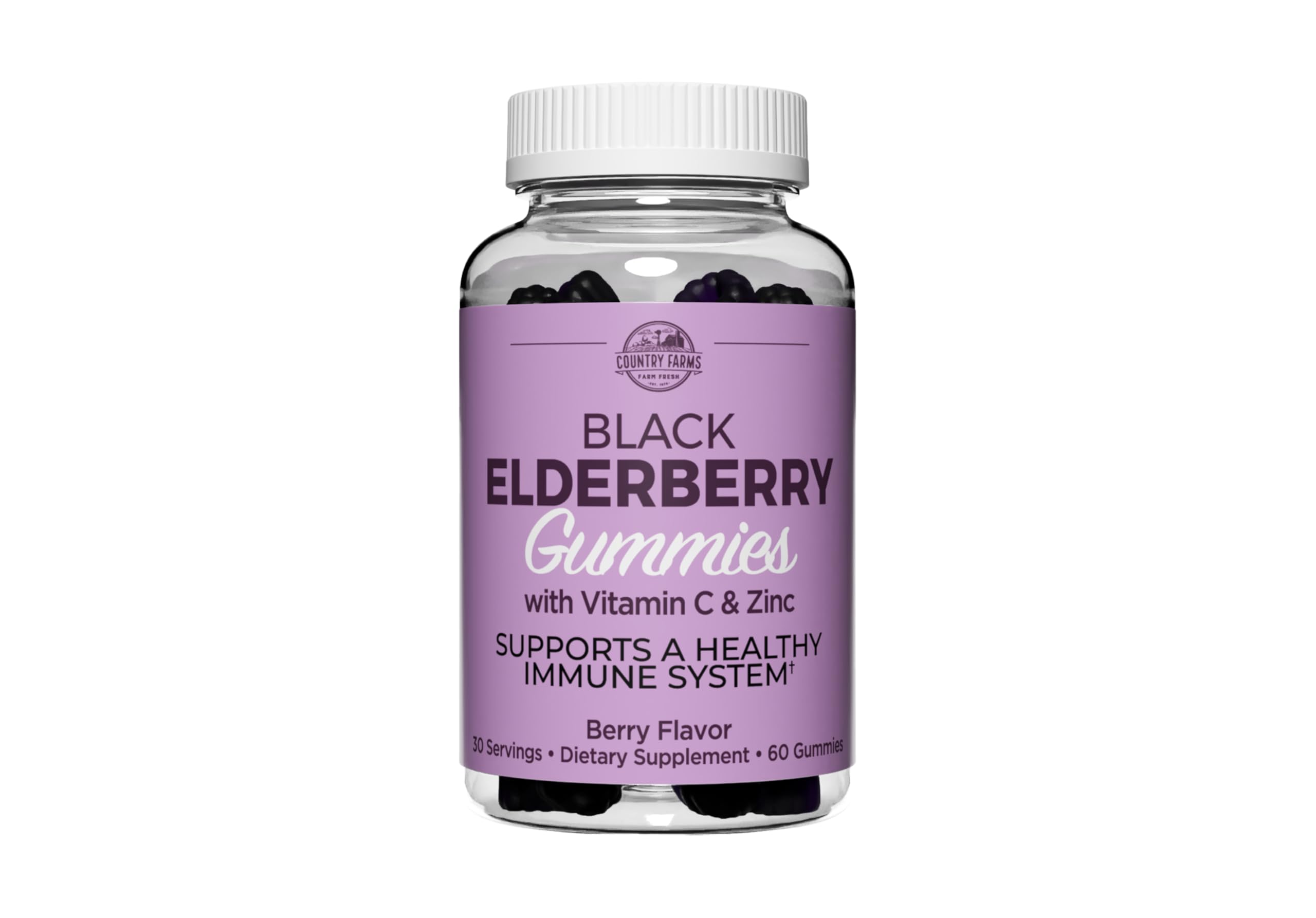 Country Farms Elderberry Gummies with Vitamin C and Zinc, Supports Healthy Immune System, Rich in Antioxidants, Triple Action Immune Blend, Berry Flavor, 60 Gummies, 30 Servings