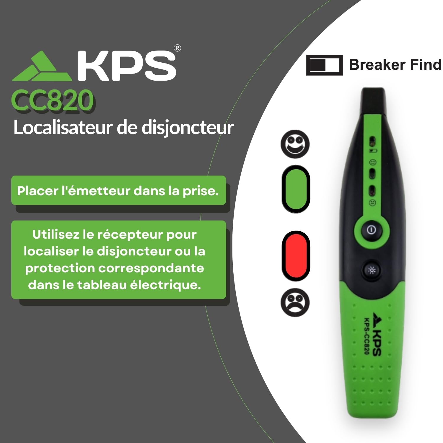 KPS CC820 Testeur de prises et localisateur de disjoncteurs CAT III | Repère le bon disjoncteur sans couper l'alimentation. Signal LED et sonore. Compact et facile à utiliser.