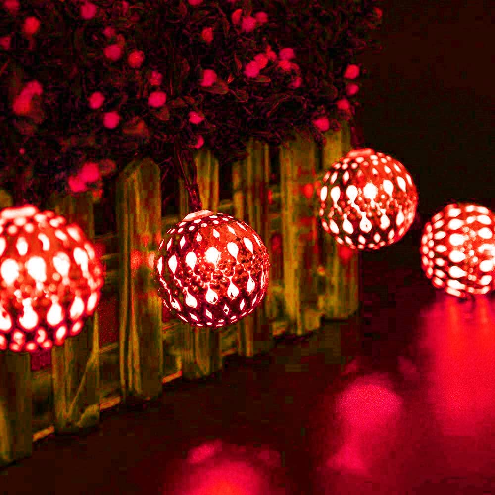 HULA Moroccan String Light, 3.5m 12LED Solar Moroccan Ball Outdoor String Lights Solar Metal Ball Lights Waterproof for Garden (Red)
