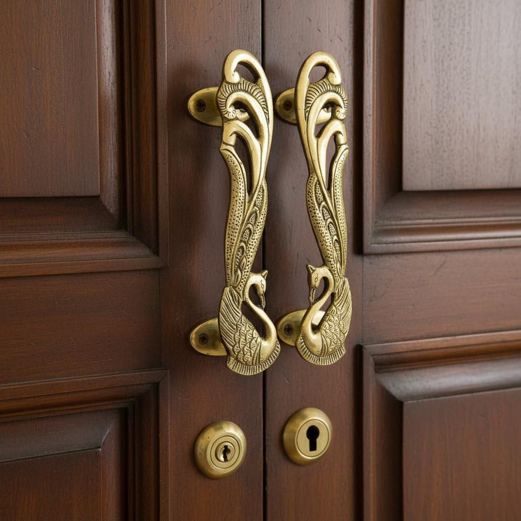 LoveNspire Decorative Antique Peacock Design Door Pull Handles 7 Inch Pair of 2 Brass Cabinet Handle Knobs for Door, Drawer, Shelf, Wardrobe, Almirah Housewarming Gift