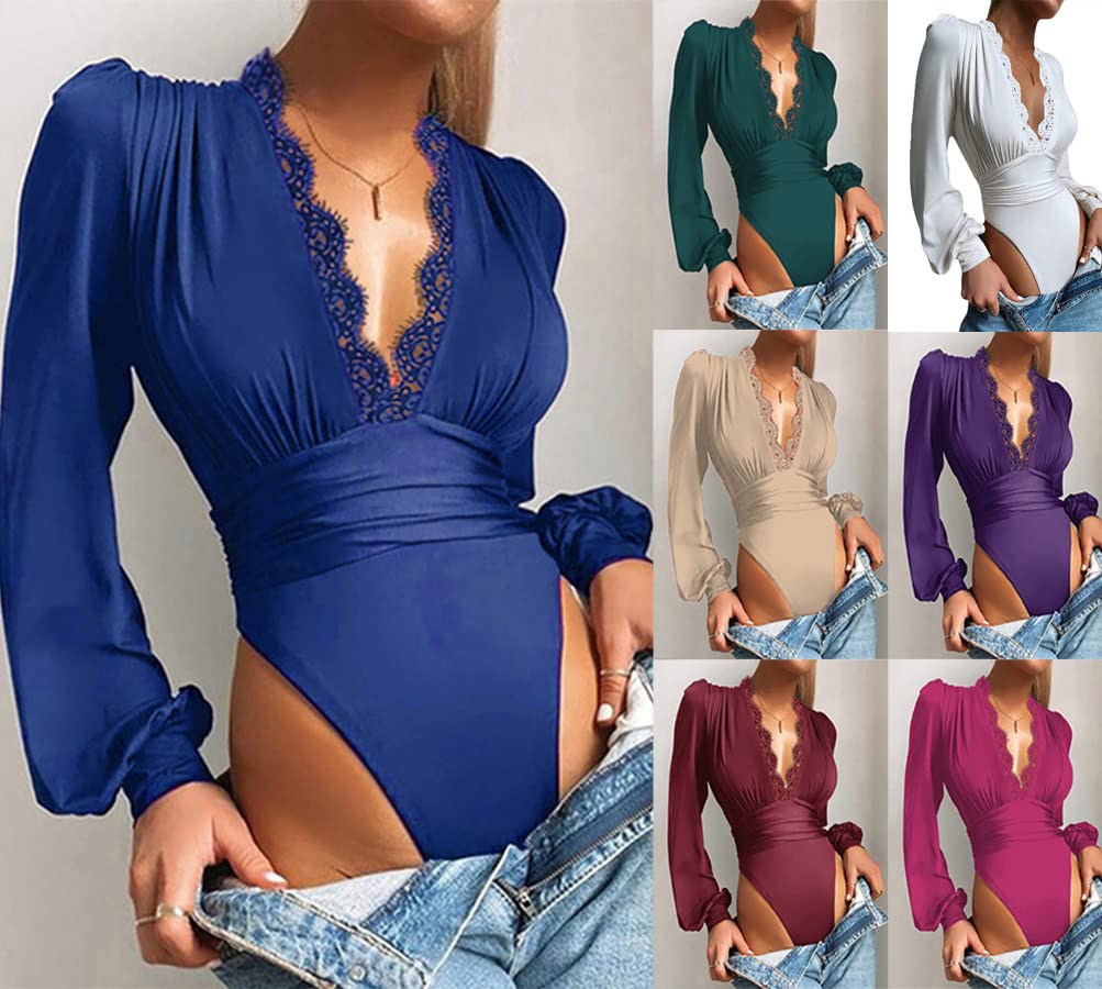 Onsoyours Body Vestir para Mujer V Profunda Mono Bodysuit Mangas Largas Sexy Elegante Fiesta Body Leotardo Body Stretch Bodycon Blusa