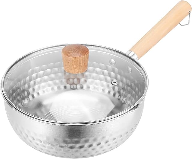 Traditional Japanese Yukihira Saucepan, Nonstick Stainless Steel Yukihira Pot Hammered Saucepan Milk Sauce Pan with Wooden Handle and Glass Lid(Silver),16cm/6.3in