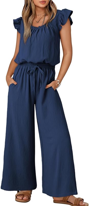 Jumpsuits for Women 2026 Summer Ruffle Sleeves Square Neck Rompers Drawstring Overalls with Pockets