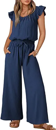 Dokotoo Women's Summer Ruffle Sleeve Square Neck Jumpsuit with Pockets