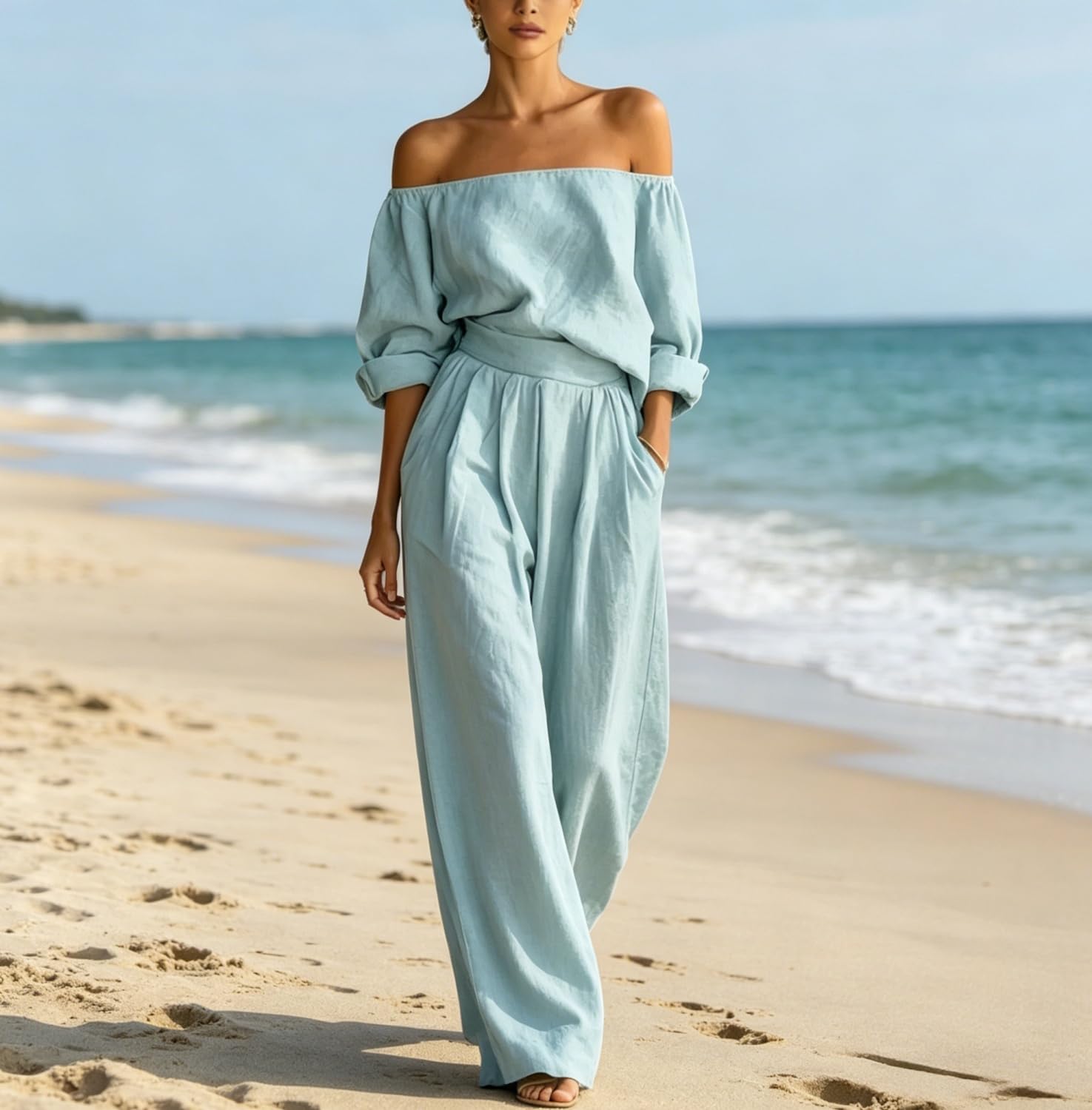 Generisch Modisches Zweiteiler-Set für Damen: Schulterfreies Top & Hose mit weitem Bein – 2-teiliges Urlaubs-Outfit im Boho-Stil