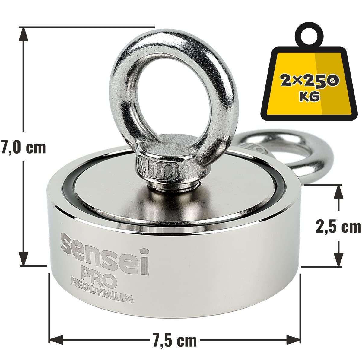 Imán SENSEI 250 kg, Imán de Neodimio de Doble Cara N52 con Gancho Superior y Lateral, Ø7,5 x H2,5 cm, Imán de Neodimio Muy Potente para Hogar, Taller, Pesca en el Agua