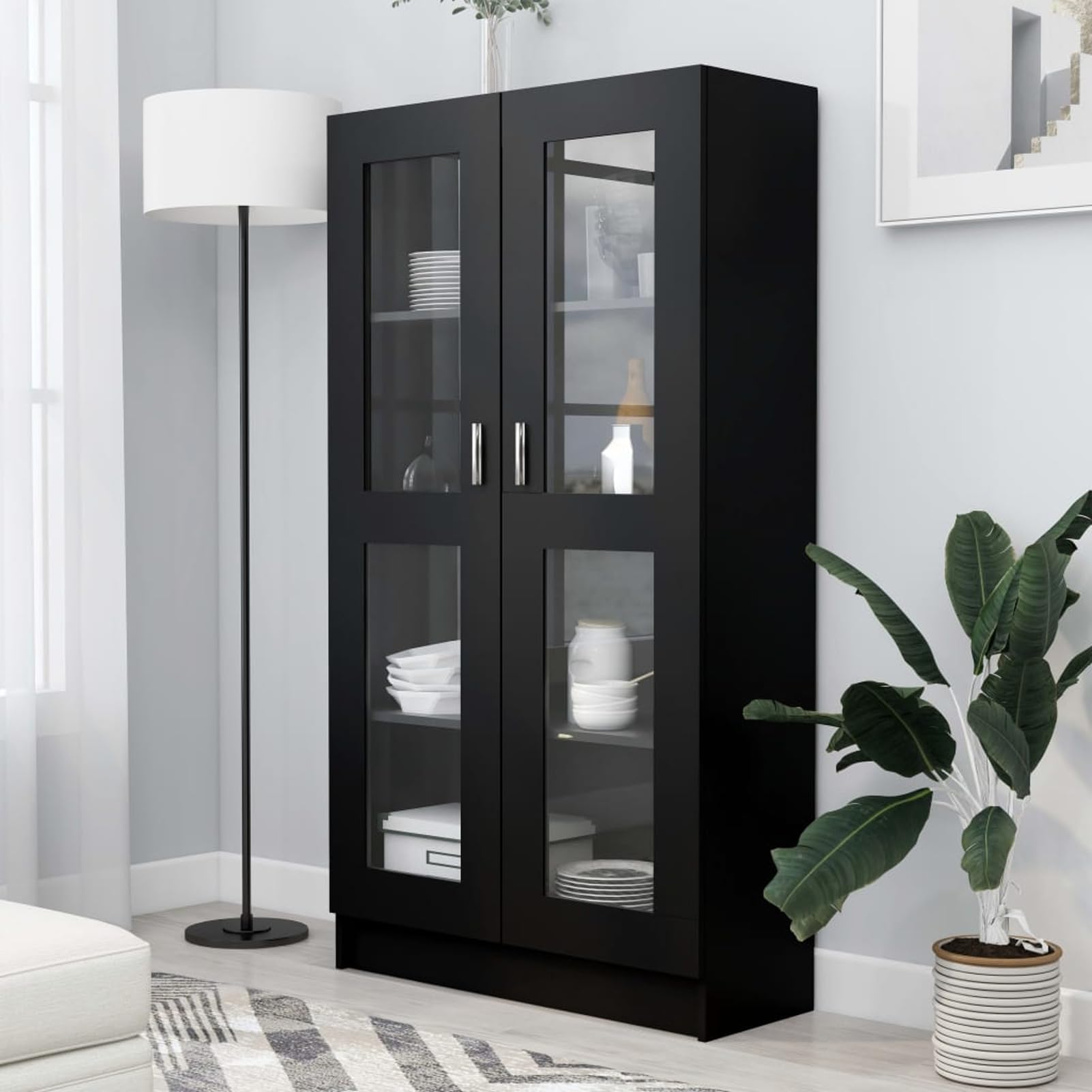 IKAYAA Armario Vitrina con 4 Compartimentos Vitrina de Cristal Vitrinas de salón Vitrinas de Exposición de Madera Contrachapada Aparador Comedor, Aparador Cocina Negro 82,5 x 30,5 x 150 cm