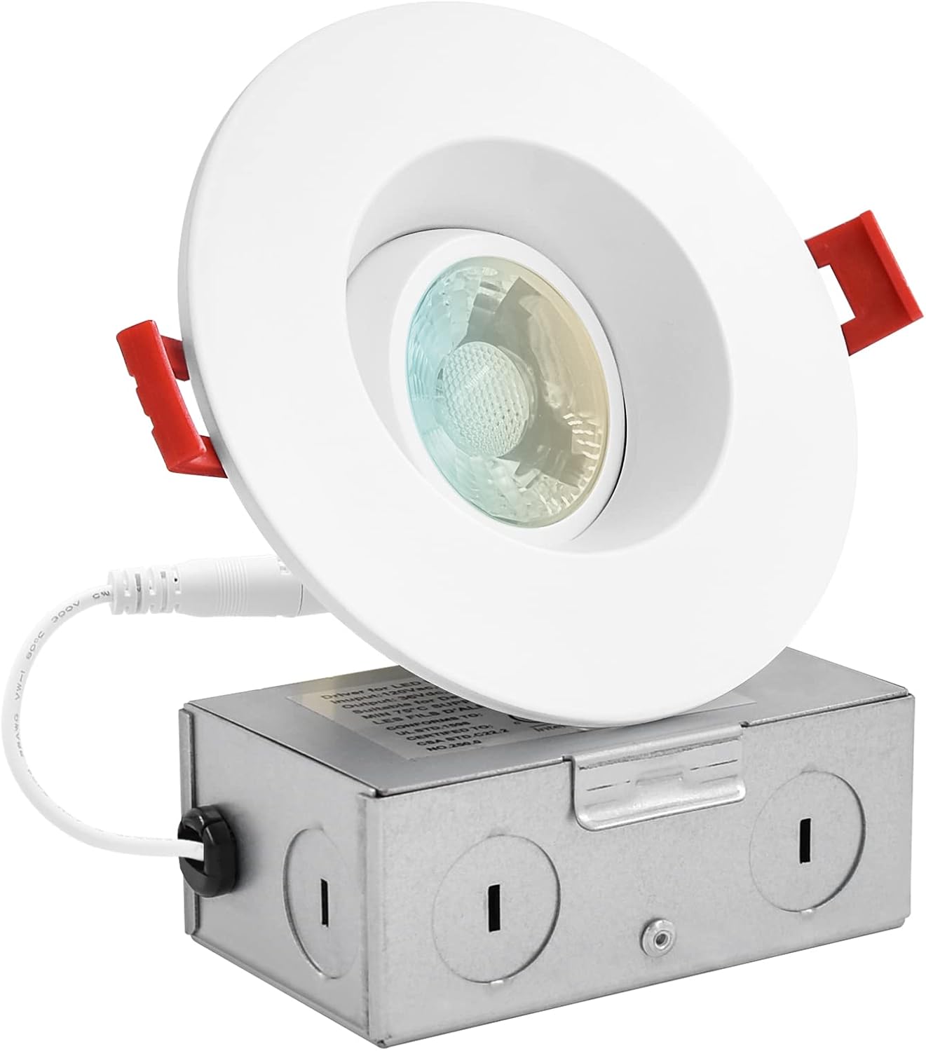 LUXRITE 3 Inch Gimbal Adjustable LED Recessed Light with J-Box, 8W, 5 Color Selectable 2700K-5000K, 600 Lumens, Dimmable Directional LED Downlight, Damp Rated, ETL Listed