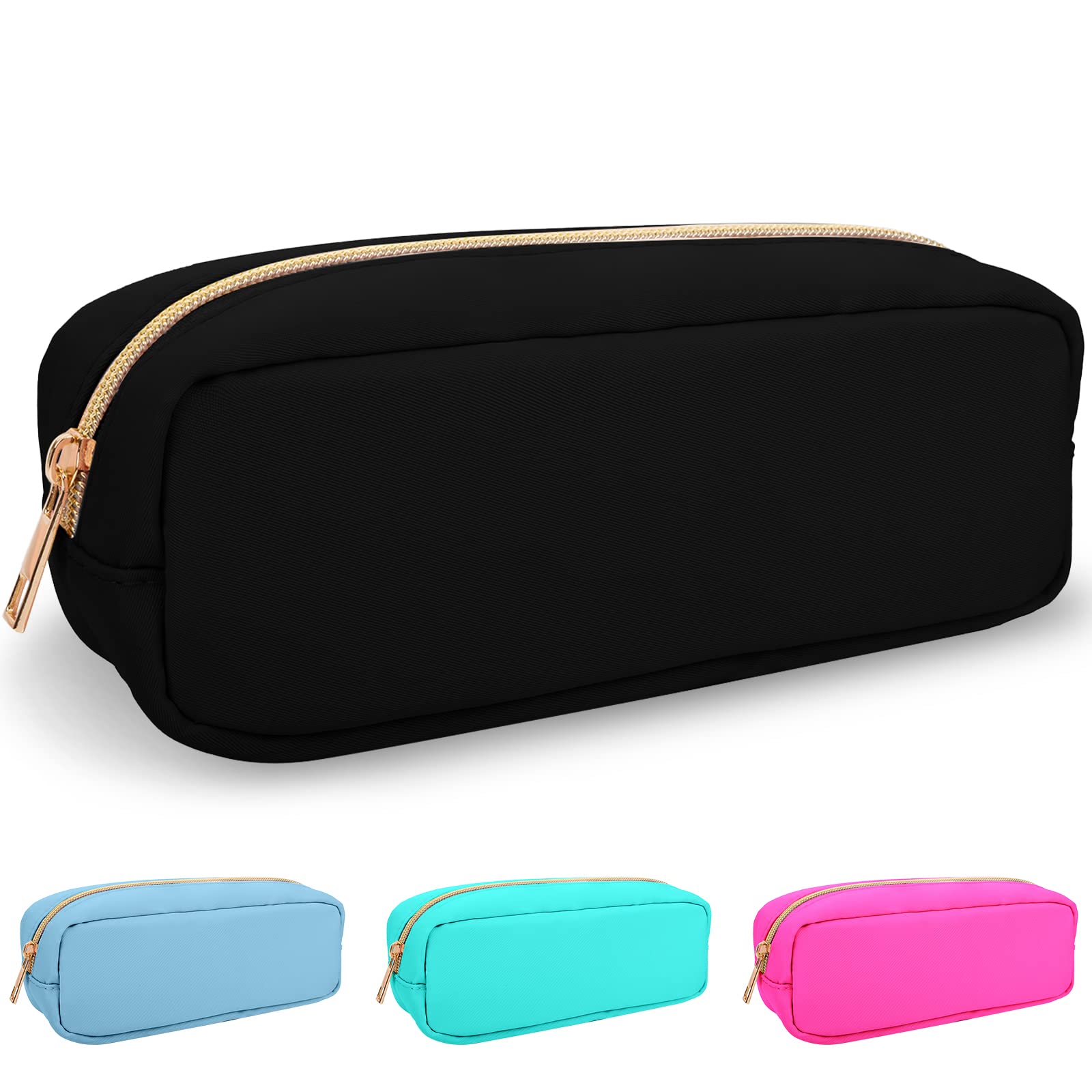 izuztaNylon Small Makeup Bag Slim Pouch, Preppy Cute Brush Black Cosmetic Zipper Pouch for Purse, Waterproof Travel Toiletry Coin Organizer Women Girls(Black)