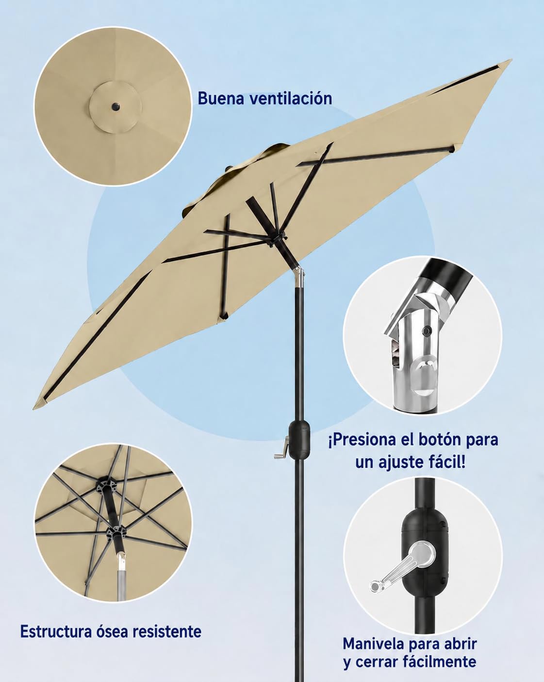 Sombrilla De Jardín LED Solar De 10 Pies, Protección Contra Los Rayos UV, Resistente a La Lluvia y Al Viento, Ideal Para Terrazas, Jardines, Balcones, Piscinas y Patios Beige