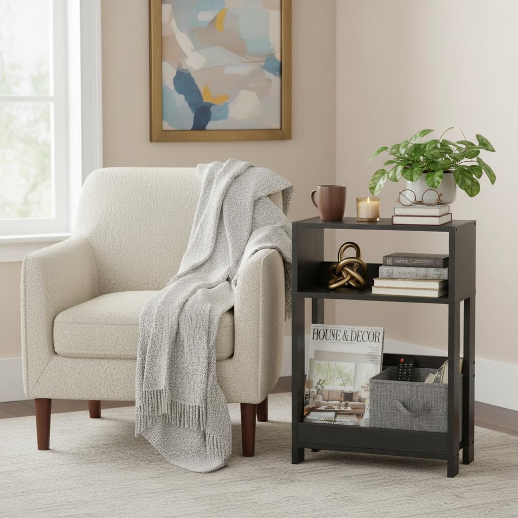 Narrow Side Table, 7 Inch Slim Bamboo Nightstand with 3-Tier Storage & Built-in Bookshelf, Small Space-Saving End Table for Living Room, Bedroom, Couch