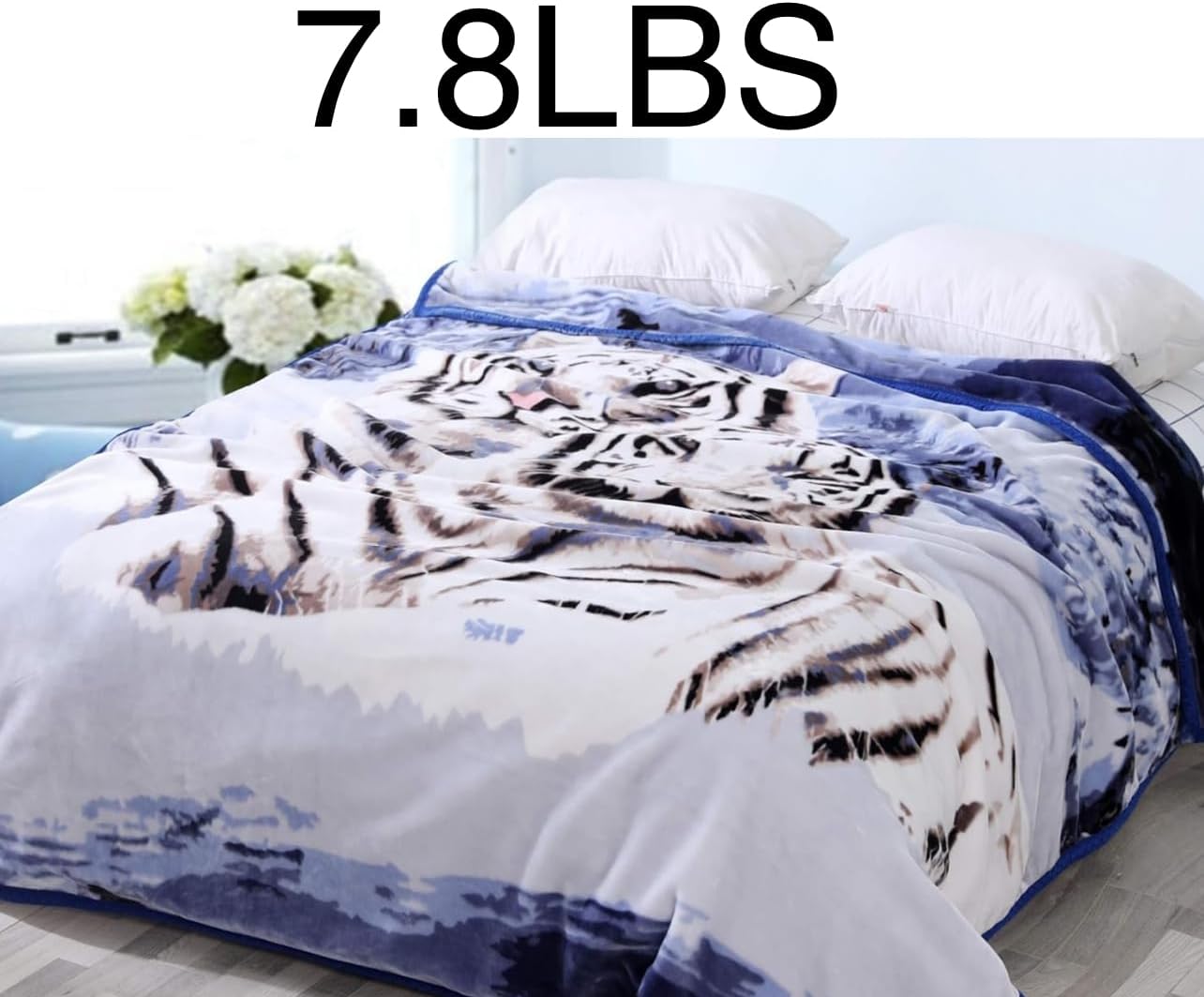 7.8lb Heavy Queen Size White Tiger Blanket - 2ply Thick Warm Plush Korean Mink Fleece, No-Lint Microfiber San Marcos Design Raschel Winter Bed Blanket - Cozy Mexican Throw Blankets for Adults, 79”x95”
