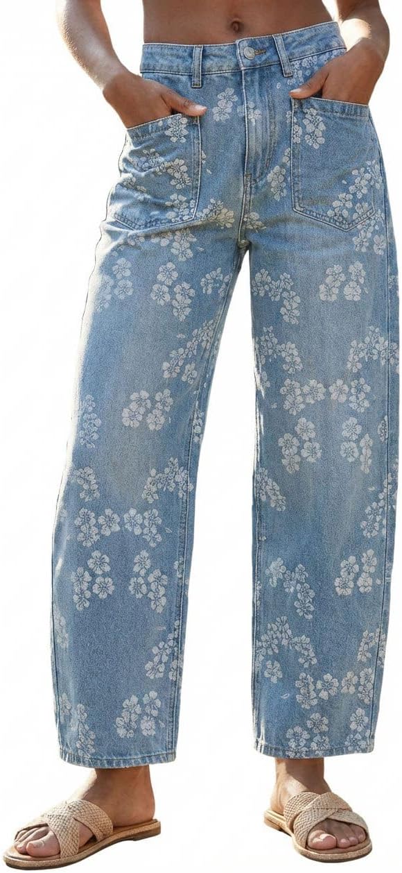 utcoco Women's Floral Print Barrel Jeans Y2k Baggy Wide Leg Mid Rise Cropped Denim Pants Relaxed Fit Trousers for Daily Wear