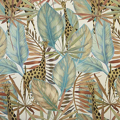 Kt KILOtela - Tela Loneta Estampada Digital, Algodón Orgánico, Decoración, Tapizar, Cojines, Cortinas, Colchas, Manteles, 100 cm Largo x 280 cm Ancho, Jirafas, Verde, Marrón, Blanco - 1 metro