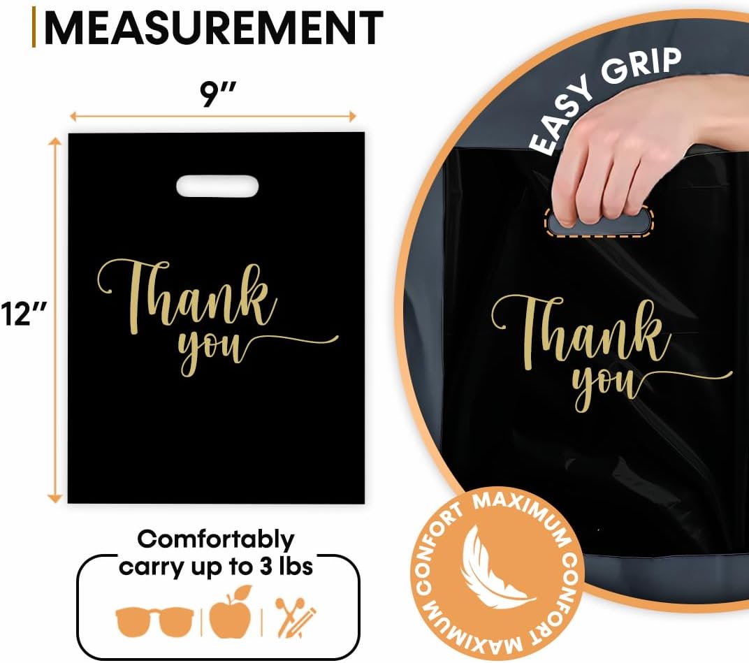 Retail Plastic Merchandise Bags, Die Cut Handles, Strong, Tear Resistent, different Sizes and Colors. Perfect for Retail Stores, Parties or Any Events. Packs 100/200/500 (100, Black/GoldTY, 9x12") image 2