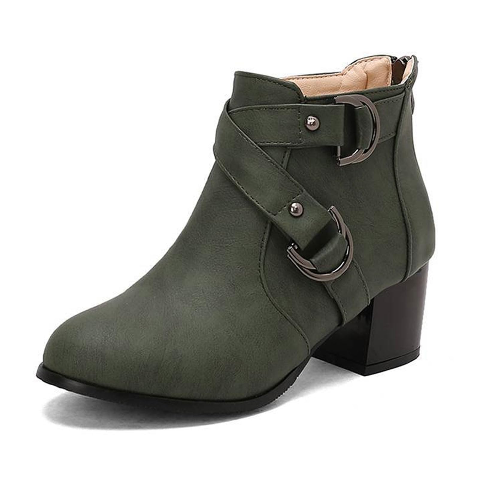 Womens Belt Buckle Chunky Heel Chelsea Fashion Ankle Boots Comfort Round Toe Back Zipper Slip On Block Middle
