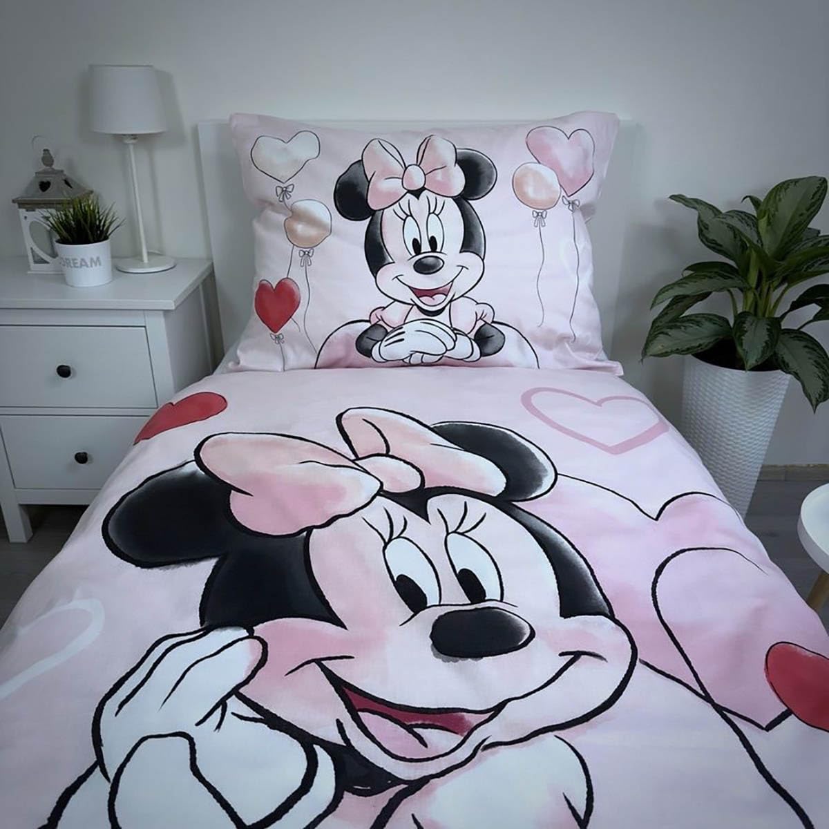 Minnie Mouse Balloon Copripiumino Singolo 140x200 + Federa Disney | Set lenzuola reversibile | Cotone naturale traspirante Oeko-Tex | Disney ufficiale | Bambine | Regalo | Lavabile in lavatrice
