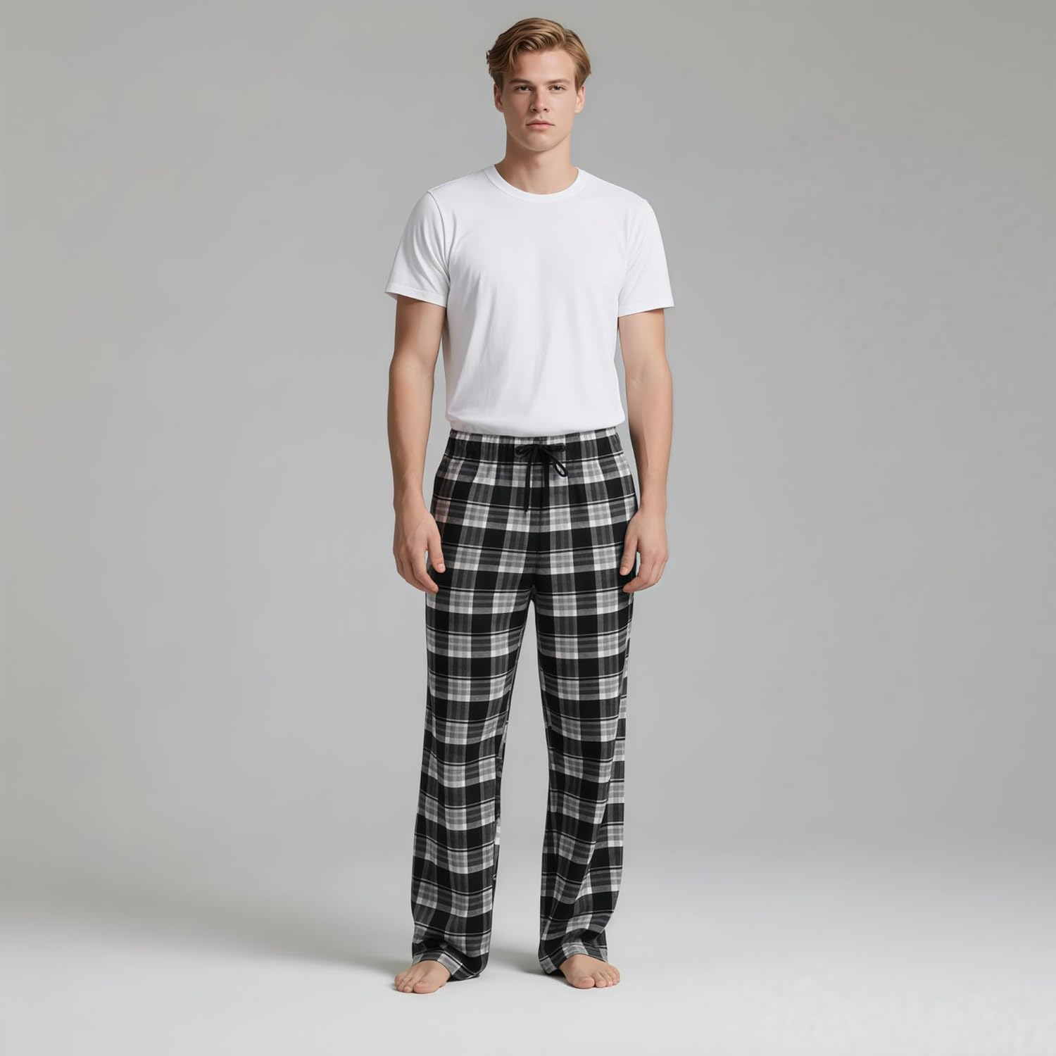 Men's Plaid Micro Fleece Pajamas, Soft Sleep Pants with Drawstring - Image 3