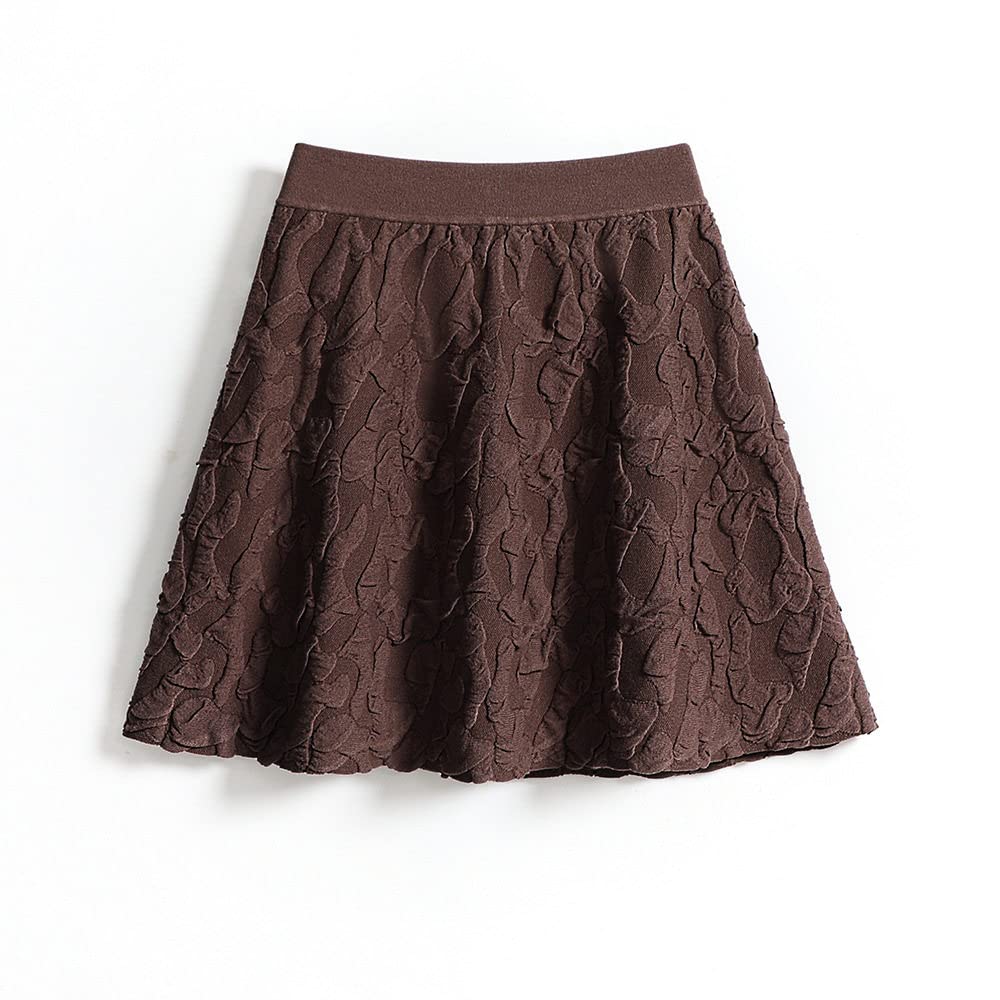LUKX Rock Damen,Damen-Minirock Braun Elastischer Jacquard-Strick-Faltenrock Mit Hoher Taille Vintage A-Linie Swing Geraffter Eleganter Herbst-Winter-Kurzrock Für Mädchen Damen