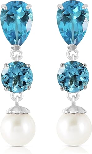 Miniatura 3 de Pendientes de perlas de topacio azul ardiente de oro blanco sólido de 14 quilates de 10.5 quilates, Pequeño, Metal Gema, topacio azul