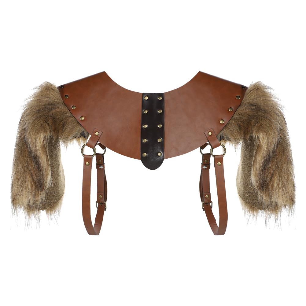 LONTG Men Viking Leather Faux Fur Shawl Wrap Medieval Furry Shoulder Cape Warrior Cloak Armor Costume Accessory Cosplay Collar Scarf Stole Shrug Halloween Fancy Dress Jacket Coats Party Outfit - Image 4