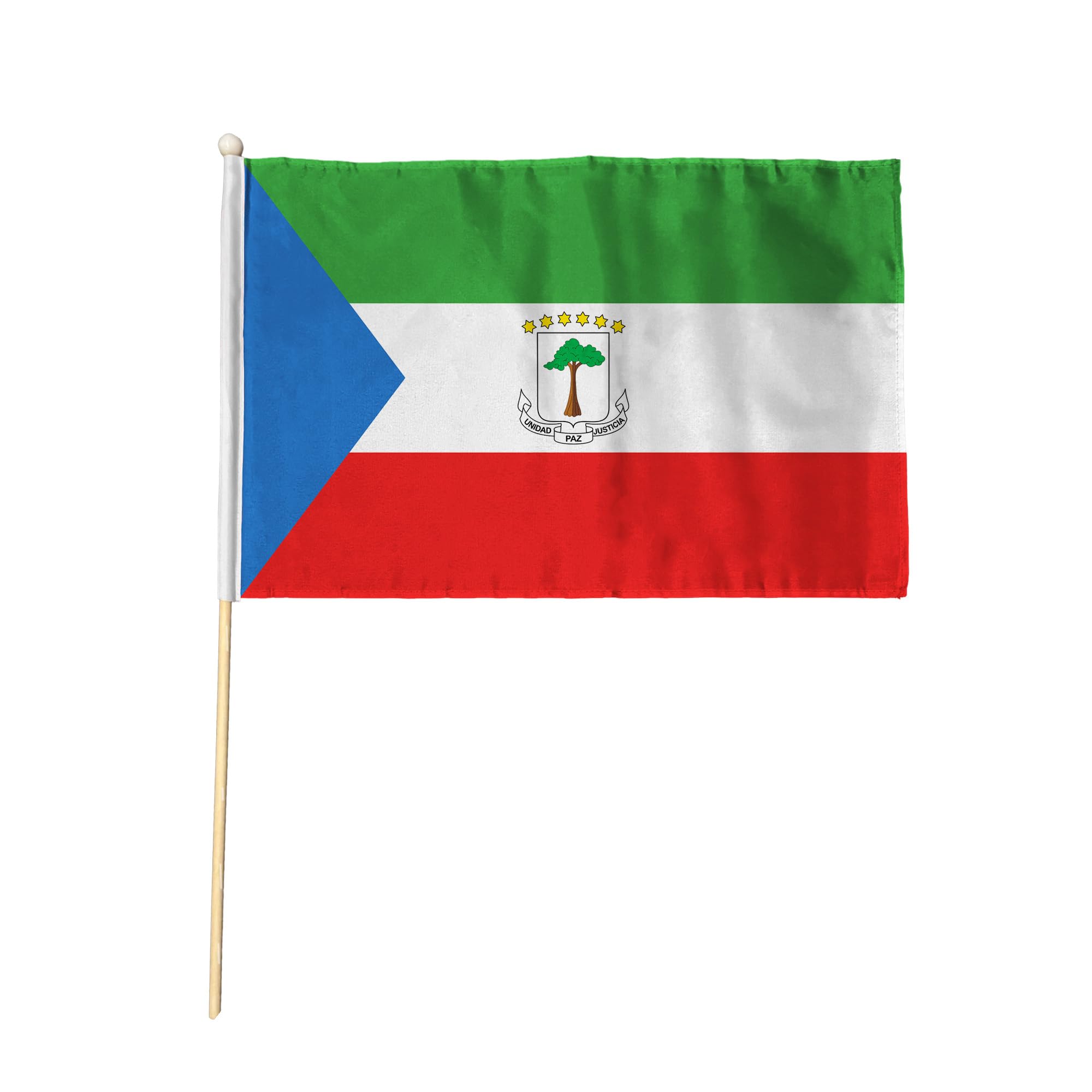 Flagtex Equatorial Guinea Pack of 6 Hand Waving Flag (18x12 Inch Large) - Premium Wooden Stick Hand Flag Big Size Natural Wood Pole Equatoguinean National Flag Events Celebrations Sports