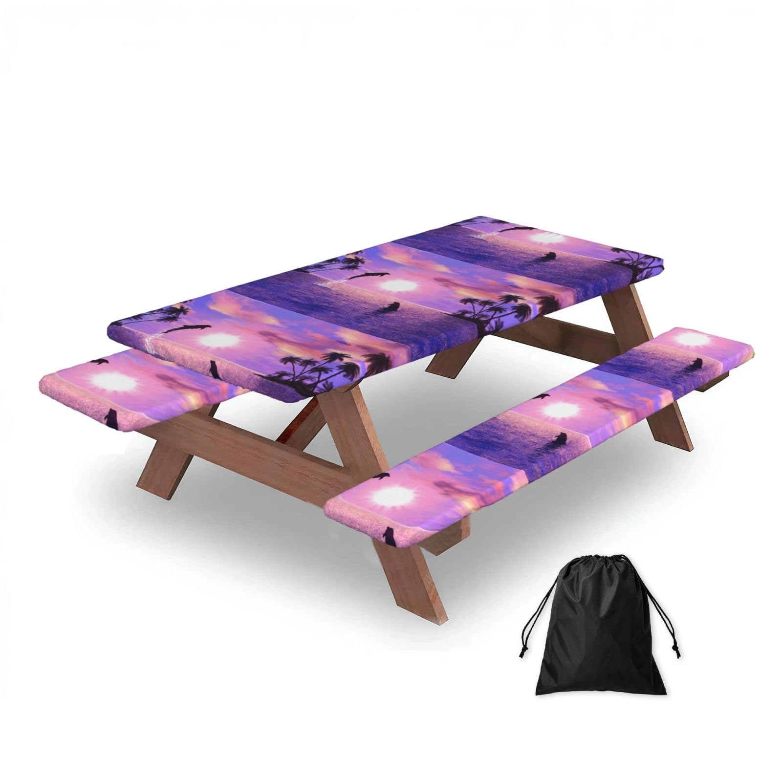 Dopklna As Picture Sunset Dolphins, Picnic Table Cover With Bench Covers -Waterproof Elastic Fitted Tablecloth For Garden Camping Patio 76X152cm