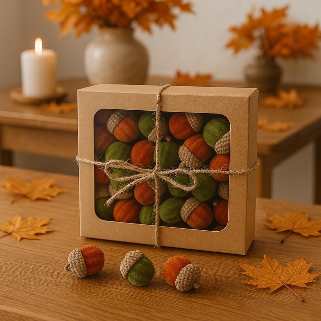 Box of Decorative Velvet Acorns Autumn - Green/Orange - Autumn Decoration Acorn Themed Décor Prop Foliage - Autumnal Decoration - Perfect for Home, Kitchen, Living Room
