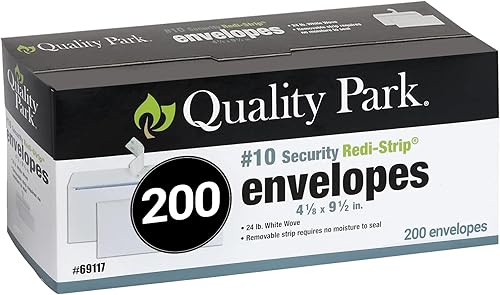 Quality Park Sobres de seguridad n. 10, sin ventana, sobres autosellables con tiras de color rojo, tejido blanco de 24 libras, 4-18 pulgadas x 9-12