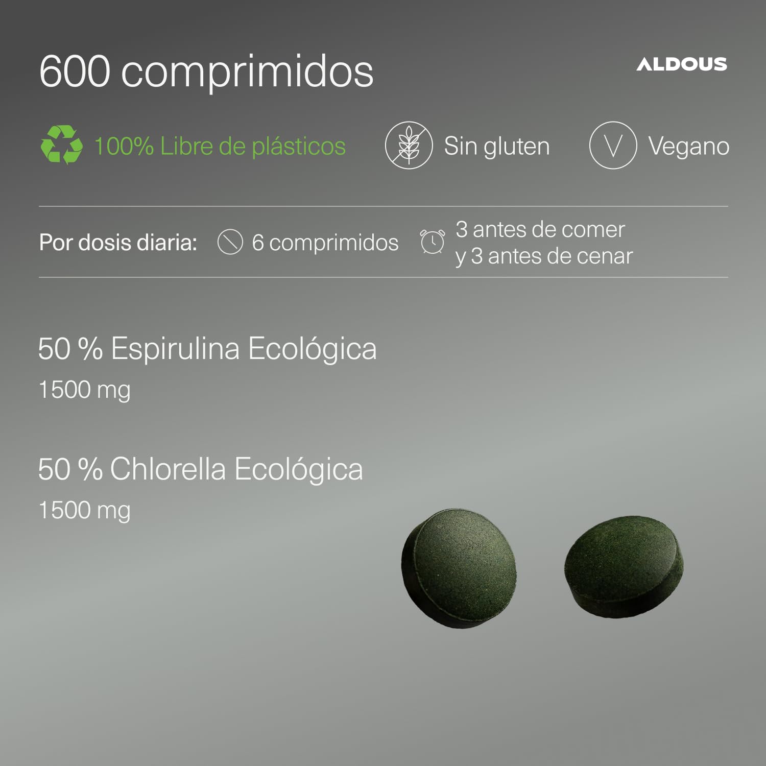 600 Comprimidos Chlorella y Espirulina Ecológica para 100 días - 3000mg por dosis diaria - Vegano - Saciante - DETOX - Proteína Vegana - Sin Aditivos - Certificación Ecológica Oficial - ALDOUS