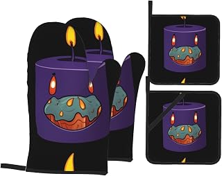 Kitchen Baking Four-Piece Set HJFCZH Cartoon Candle Prints Soft and Comfortable Heat Insulation Suitable for Kitchen Baking and Grilling