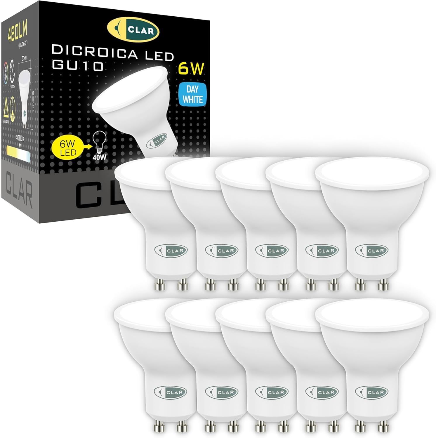 CLAR - GU10 LED 6W Bulb, GU10 LED Bulb, GU10 LED Spotlight, GU10 Neutral White LED Bulb, GU10 Spot Light Neutral White 4000K (Pack of 10)