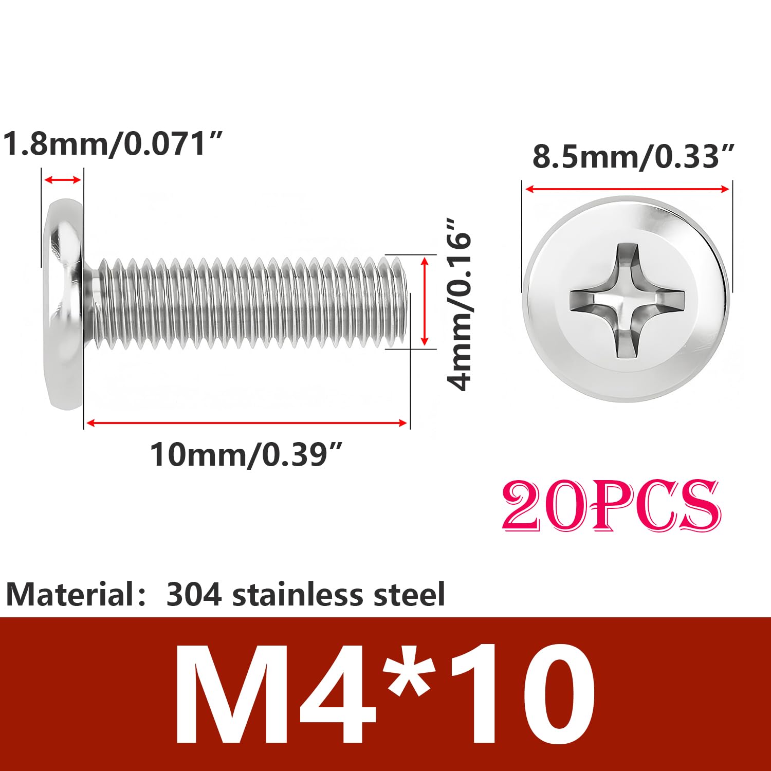 Ctyjia M4x10mm Stainless Steel 304 Flat Head Inverted Phillips Screws, Full Thread, 20Pcs - Image 2
