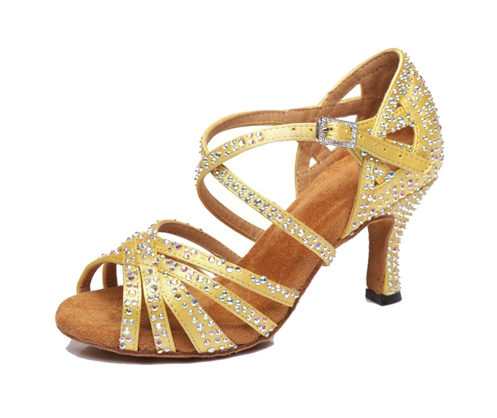 Sandalias de baile moderno latino con correa cruzada para mujer, con diamantes de imitación de tango social, bailes, Tacón marrón de 9 cm. — view 20