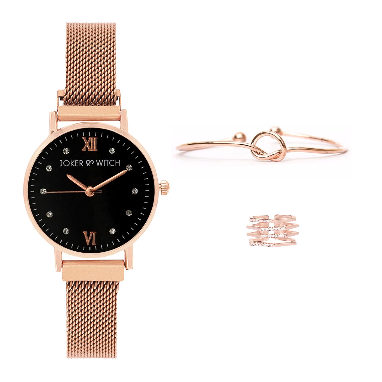 Joker & Witch Stainless Steel Women Jasper Love Triangle Analogue Watch, Black Dial, Rose Gold Band (B0C85ZJT15) Amazon Price History, Amazon Price Tracker