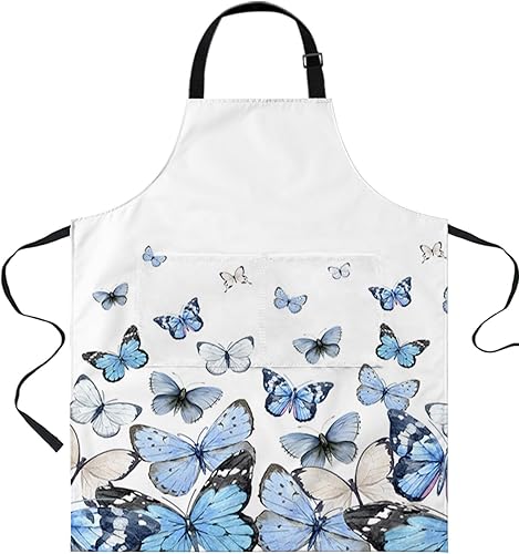 Gradient Blue Butter-fly Bib Aprons for Women With Pockets, Waterproof Canvas Chef Kitchen Cooking Apron for PaintingHair StylistNail Technician,