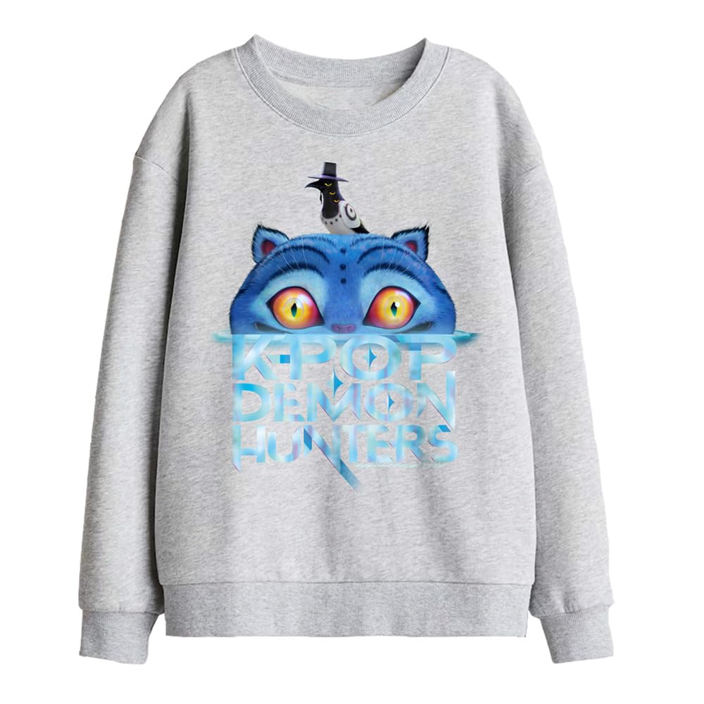 Kpop Demon Hunters Derpy Tiger Sinking Logo Kids Sweatshirt, Athletic Heather, 5-6
