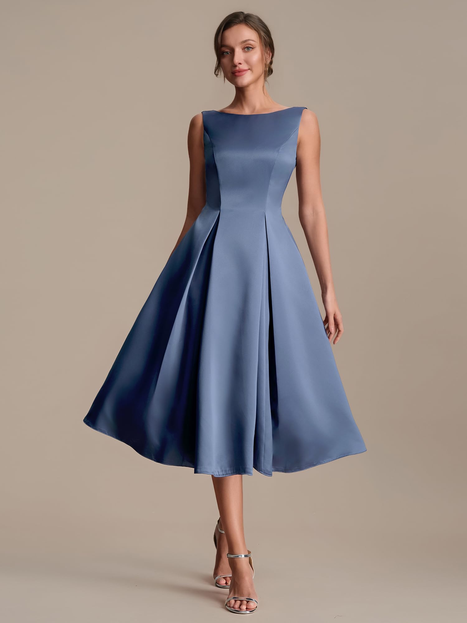 Ever-Pretty Robes d'Invité de Mariage Col Bateau sans Manche Satin Midi Poche EG02775