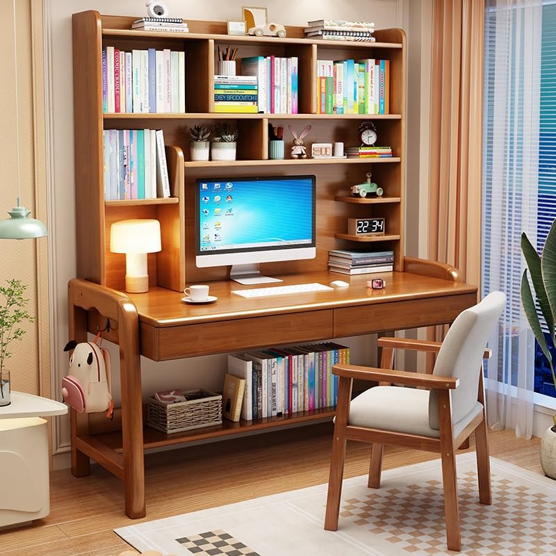 Amazon | 本棚一体型高さ調節可能な無垢材デスク、学生から大人