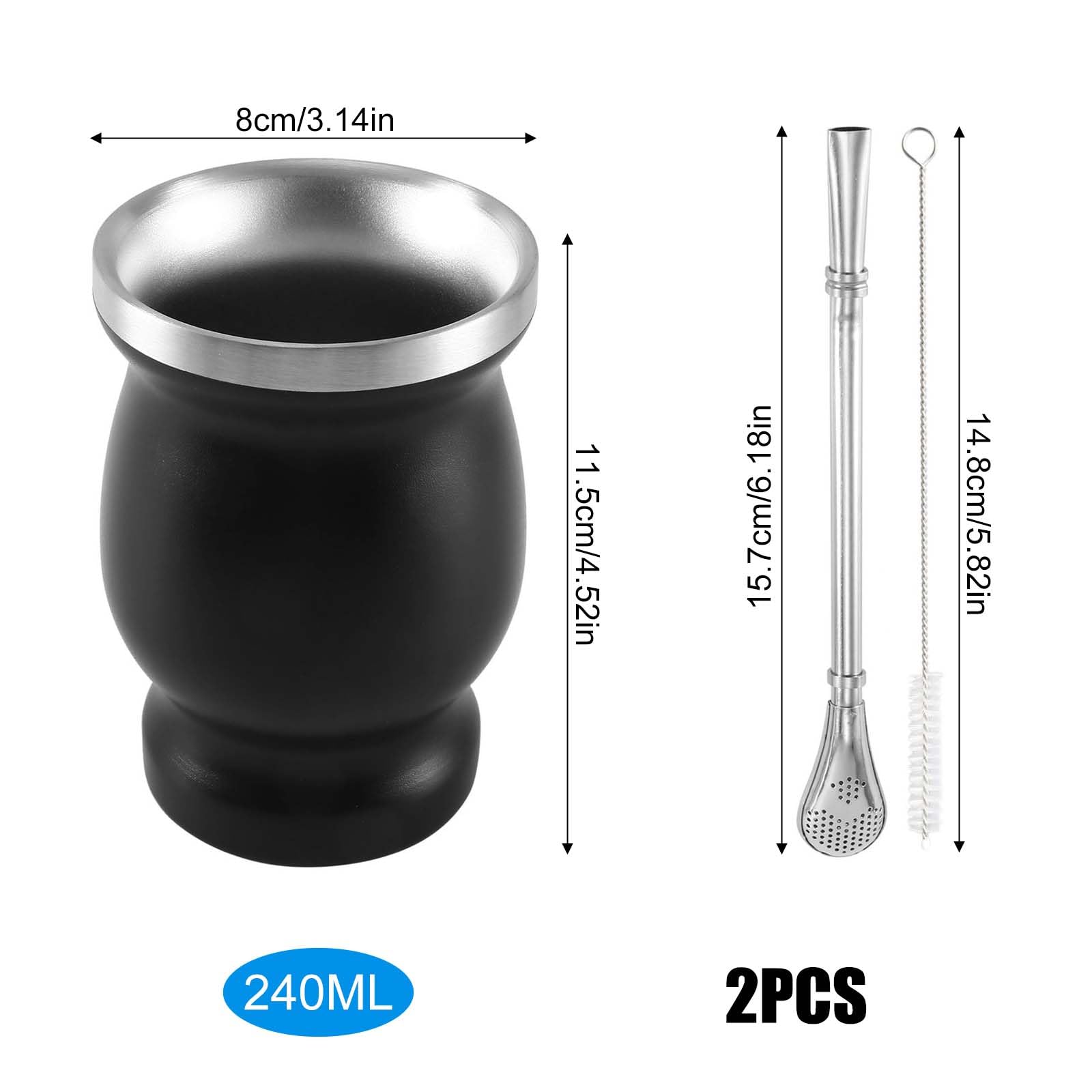 2 Stück Mate Becher Set mit Löffel und Reinigungsbürste, edelstahl, Yerba Mate Cup, dishwasher safe, dauerhaft für Küche, Restaurant, Café (Schwarz+Weiß)