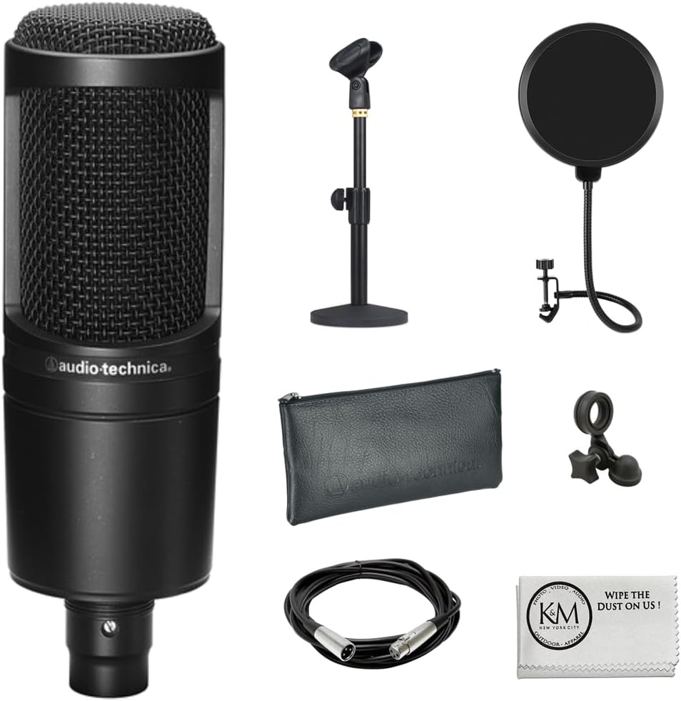AT2020 Cardioid Condenser Microphone Bundle with Pop Filter + XLR Cable + Microphone Desktop Stand + Microfiber Cleaning Cloth (5 Items)