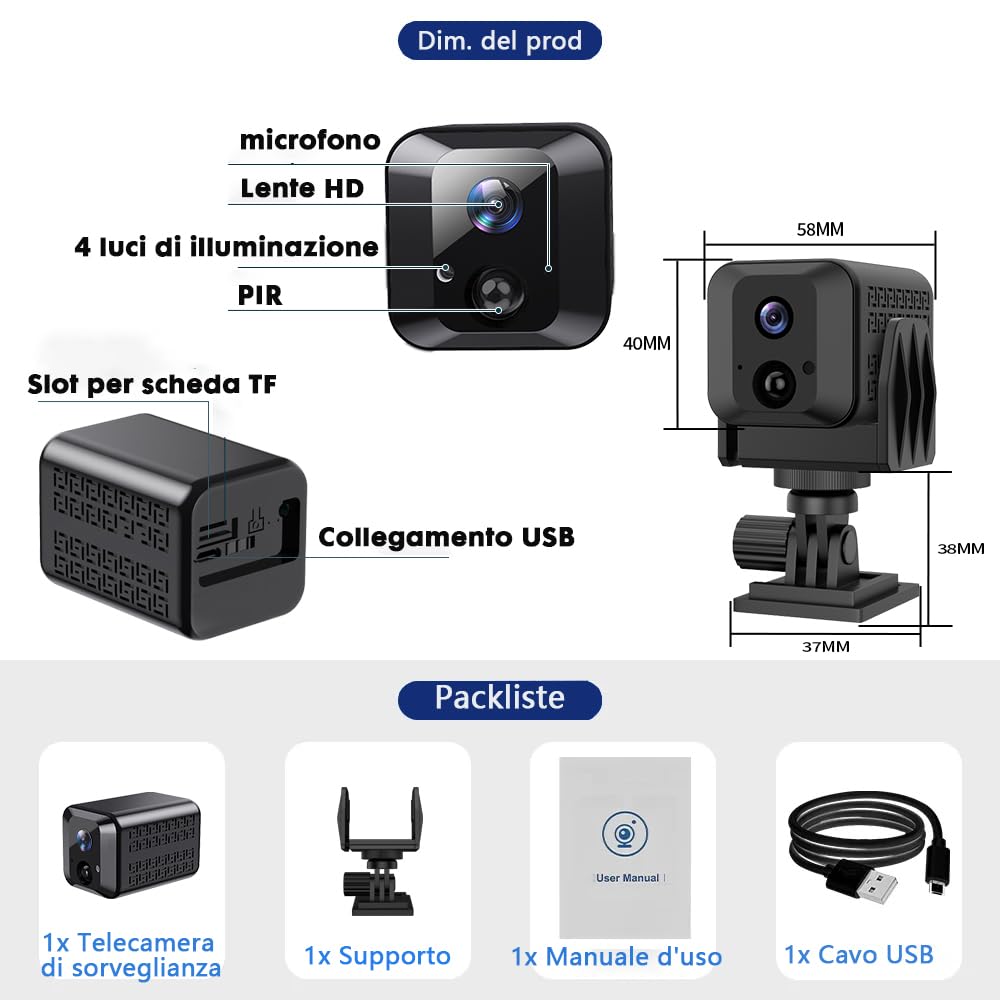 Mini fotocamera, telecamera di sorveglianza WiFi 4K HD con batteria integrata, piccola fotocamera con sensore di movimento, visione notturna, trasmissione in tempo reale e archiviazione cloud (mini2)